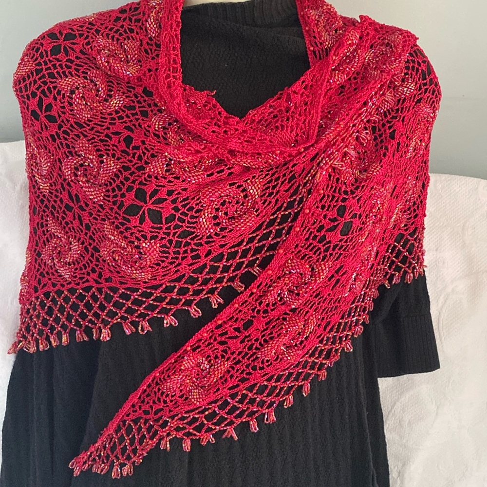 Hand made red crochet triangular scarf rayon beaded  62”x46” stunning 😍